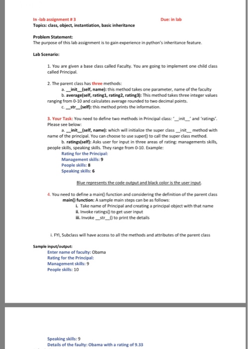  Using python: In-lab assignment # 3 Topics: class, object, instantiation, basic