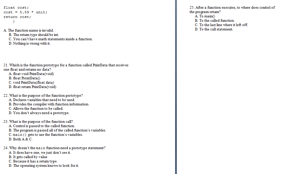  Which is the function prototype for a function called PrintData that