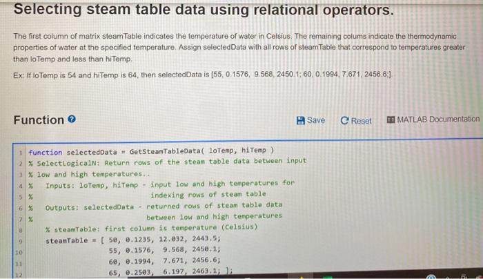  Selecting steam table data using relational operators. The first column of
