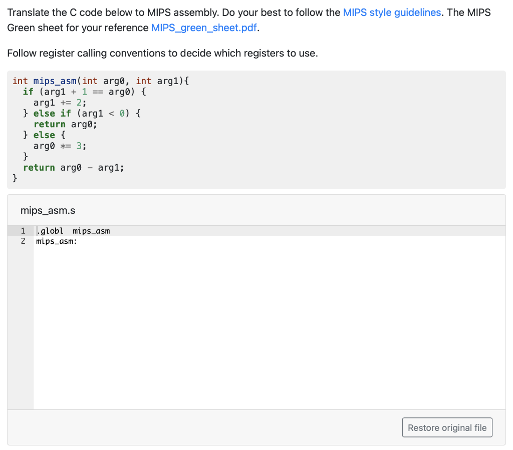  Translate the C code below to MIPS assembly. Do your best