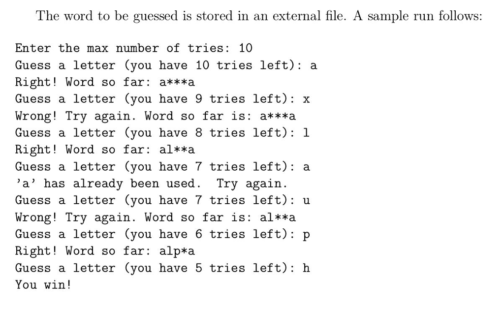 Constructors. The words to be guess is stored in extrernal file. Show