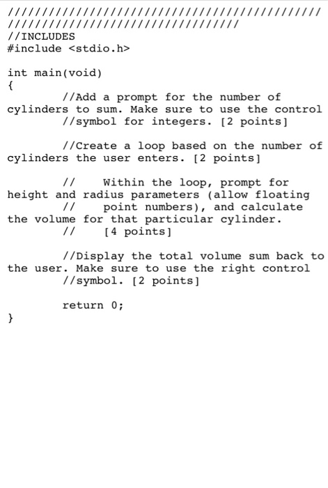 a program to compute the total volumefor aumber of cylinders. A cylinder