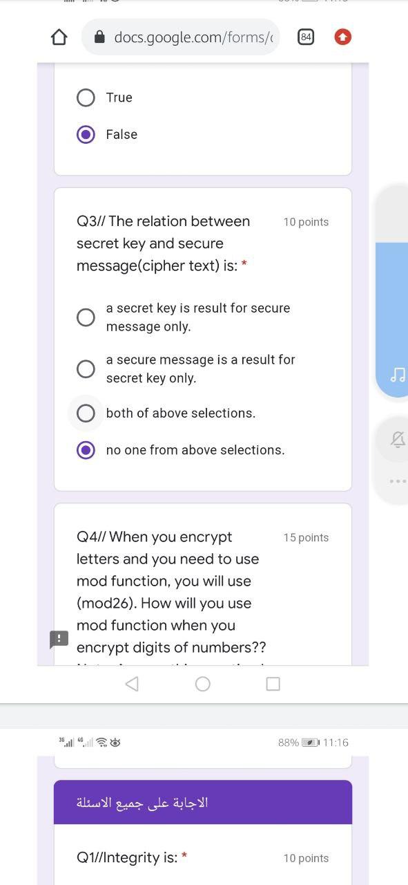  docs.google.com/forms/ 84 True False 10 points Q3// The relation between secret