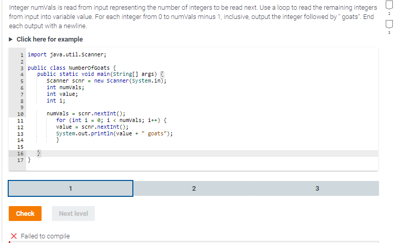  Integer numVals is read from input representing the number of integers