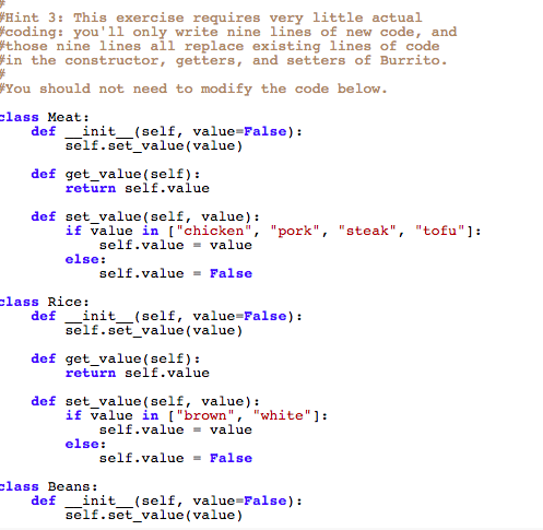 #following attributes (instance variables): meat # -to-go rice #-beans #-extra meat (default: