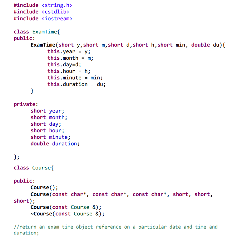  #include #include #include class ExamTime{ public: ExamTime (short y, short m,