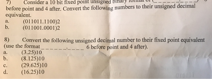 a 10 bit fixed point unsigned binry lomai ol C- 7)