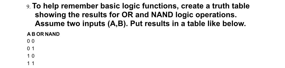  To help remember basic logic functions, create a truth table showing