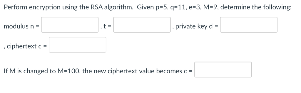 Please fill in the blanks. Perform encryption using the RSA algorithm.