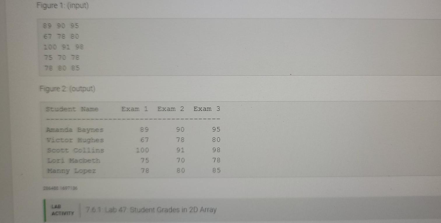 exam 2, and exam 3) for 5 students in a 2D array