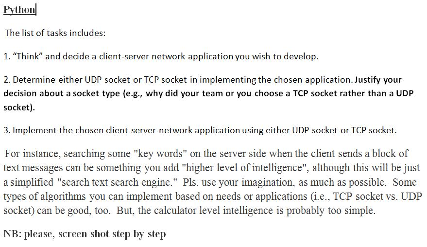  Python The list of tasks includes: "Think" and decide a client-server