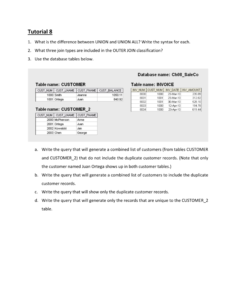  Tutorial 8 1. What is the difference between UNION and UNION