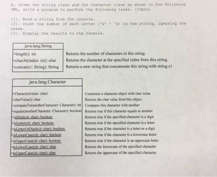  Given the String class and the Character class as shown in