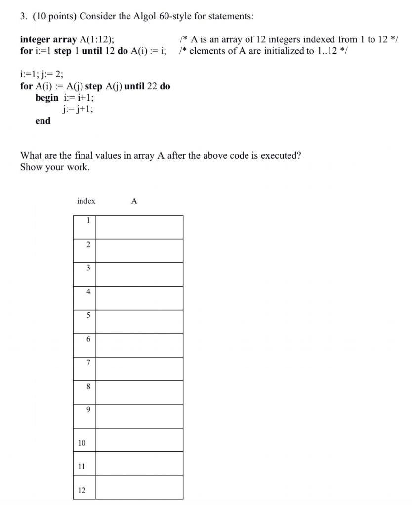  3. (10 points) Consider the Algol 60-style for statements: integer array