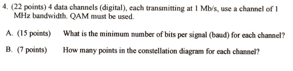 4. (22 points) 4 data channels (digital), each transmitting at 1