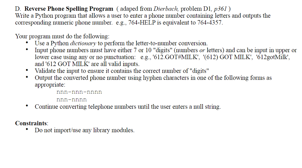 1.2.3.4. D. Reverse Phone Spelling Program (adaped from Dierbach, problem DI, p361)