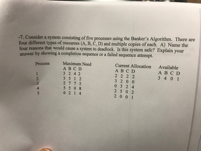  -7. Consider a system consisting of five processes using the Banker's