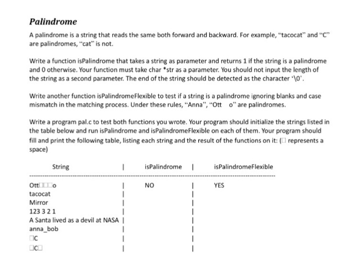 Programing in c Palindrome A palindrome is a string that reads the