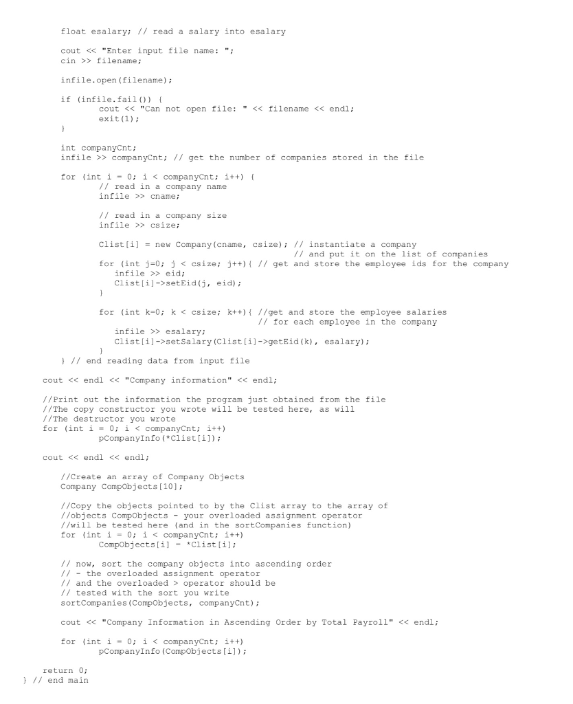 Sets the name of the company object to name. Company( ); //Initializes