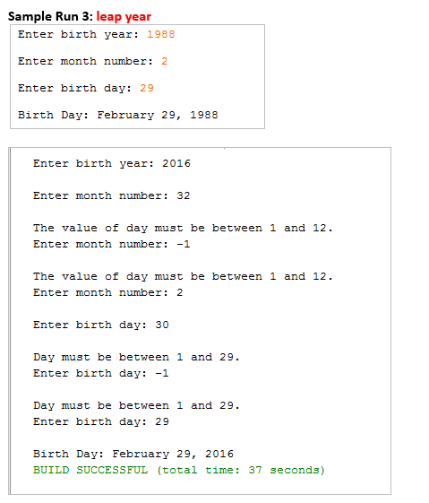Save the project as A10_Ex1.java. JAVA****You must create - InvalidDayExcep and InvalidMonthExcep