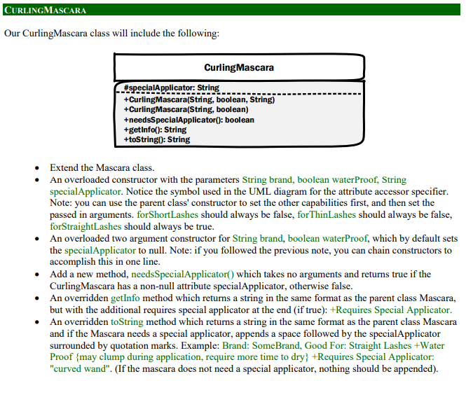 -brand: String +Mascara(String, boolean, boolean, boolean, boolean) +setInfo(boolean, boolean, boolean, boolean): void