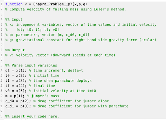 drag coefficient), and right-hand-side force (gravity coefficient), compute values of bungee jumper