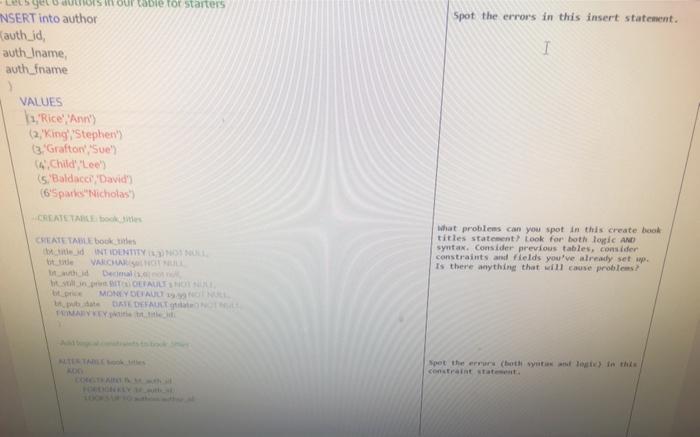  1) Find the errors in the insert statement2) Find the errors