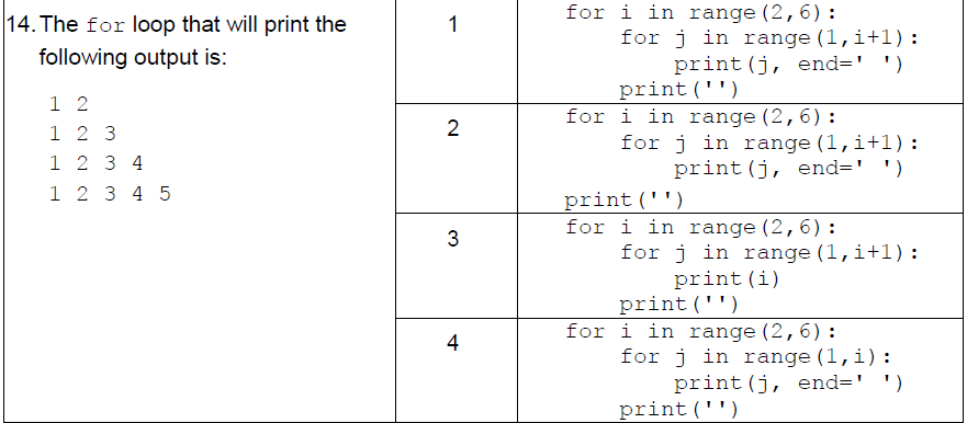 for i in range (2,6): 14.The for loop that will print