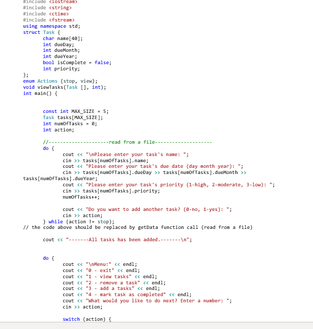 a. Show the user the different actions they can perform on the