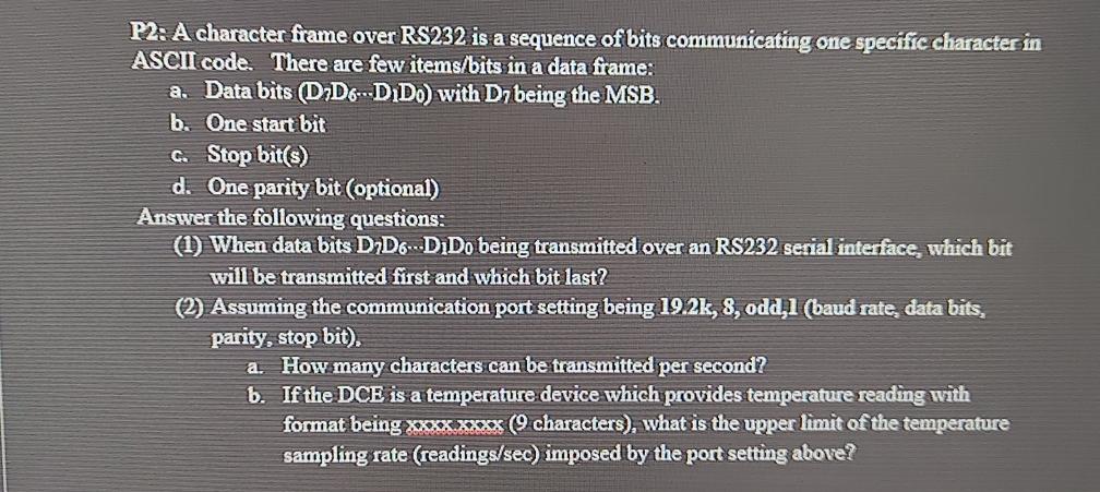  P2: A character frame over RS232 is a sequence of bits