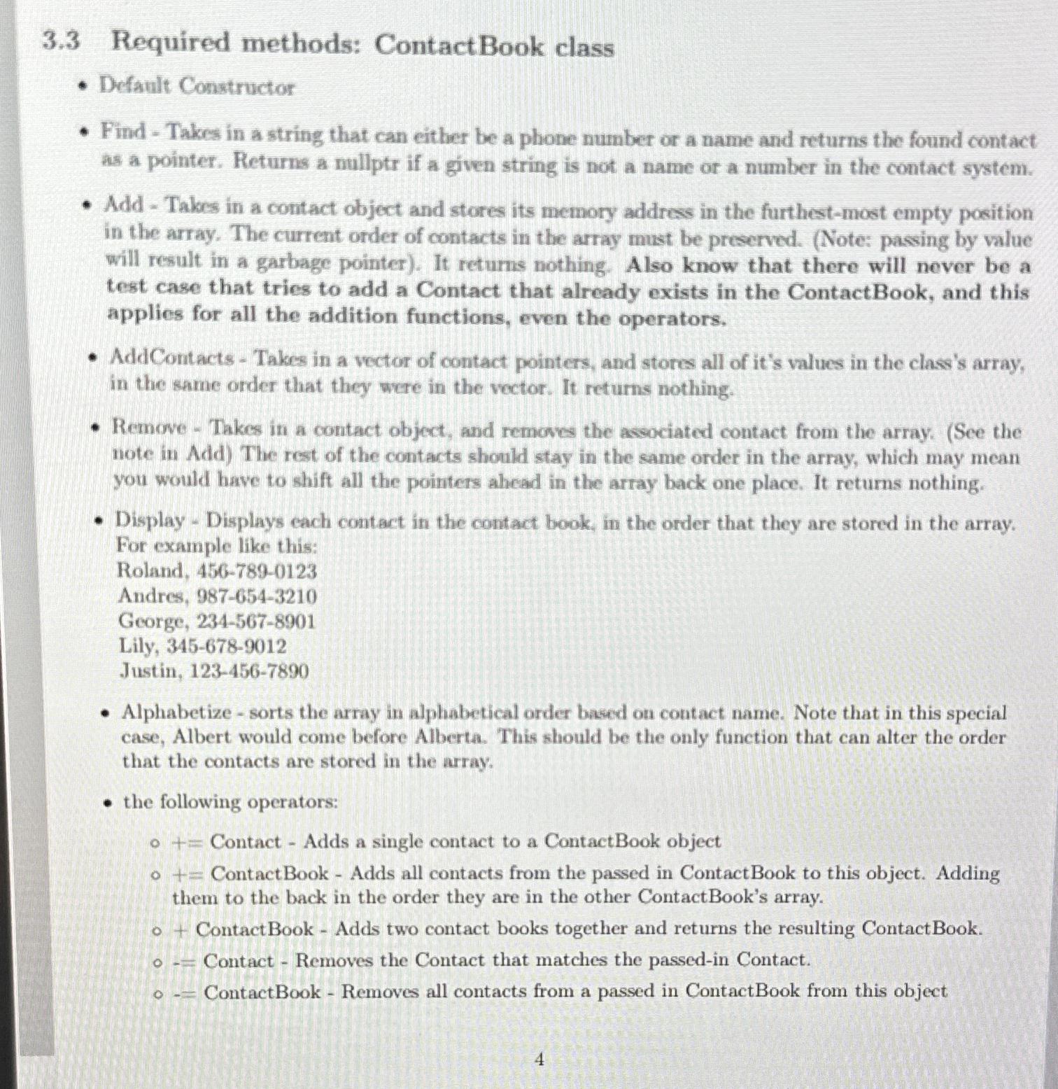  3.3 Required methods: ContactBook class Default Constructor Find - Takes in