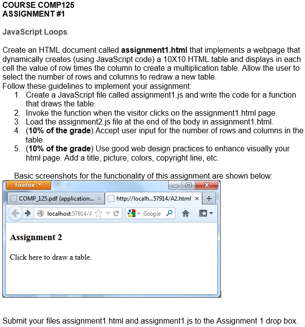 Please code in HTML and Javascript. Create an HTML document called assignment1.html