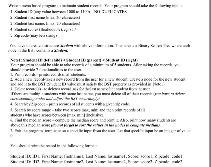  Please write a program in C using a binary search tree.