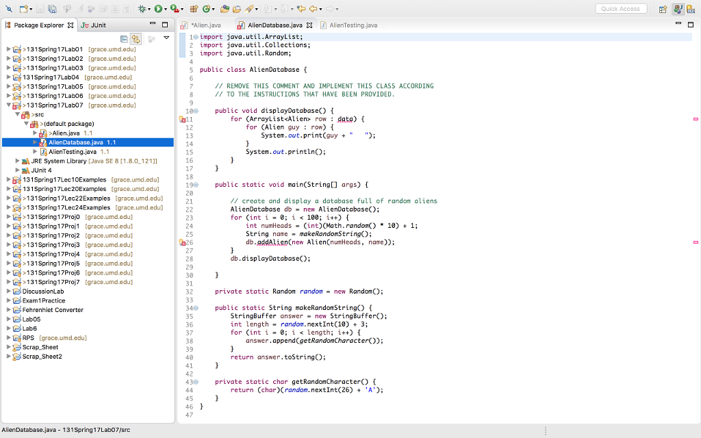 code provided and refered to by the Worksheet: Alien Database This exercise
