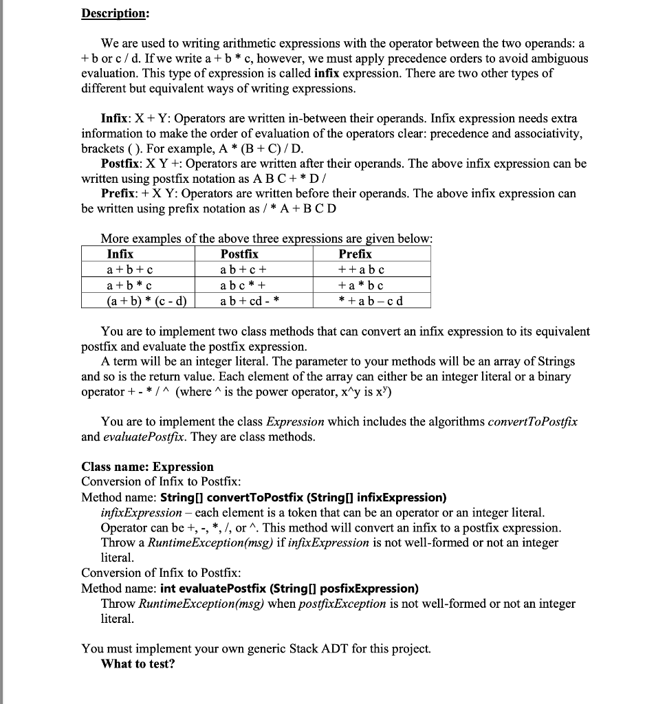 IN JAVA. Write code for ExpressionTest.java and Expression.java and use the stack