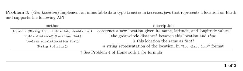 Problem.(Geo Location) Implement an immutable date type location in Location.java that represents
