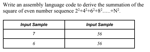 Write an assembly language code to derive the summation of the square