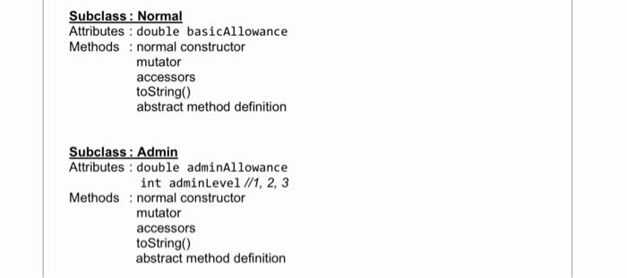 named Staff and subclasses named Normal and Admin: Superclass: Staff Attributes :