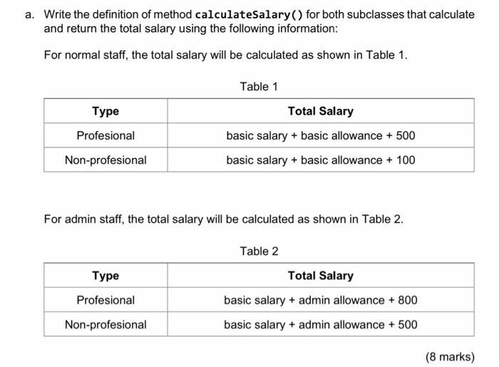 String staffId String name double basicSalary boolean professional //true or false Methods
