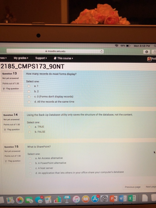  Microsoft Access e 68% , Mon 8:58 PM moodle.selu.edu 0 rses