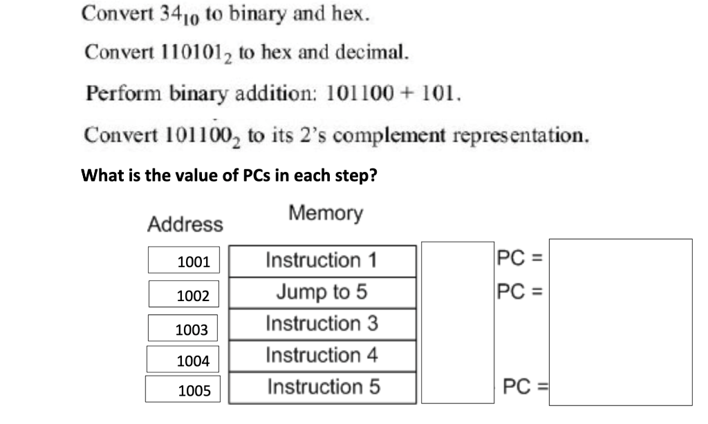 Convert 3410 to binary and hex. Convert 1101012 to hex and