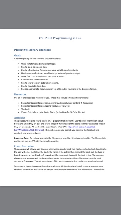  CSC 2050 Programming in C++ Project 03: Library Checkout Goals After