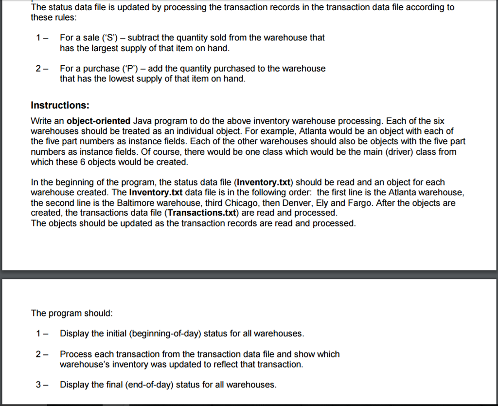 data files. Description: A wholesale distributor has six warehouses (Atlanta, Baltimore, Chicago,