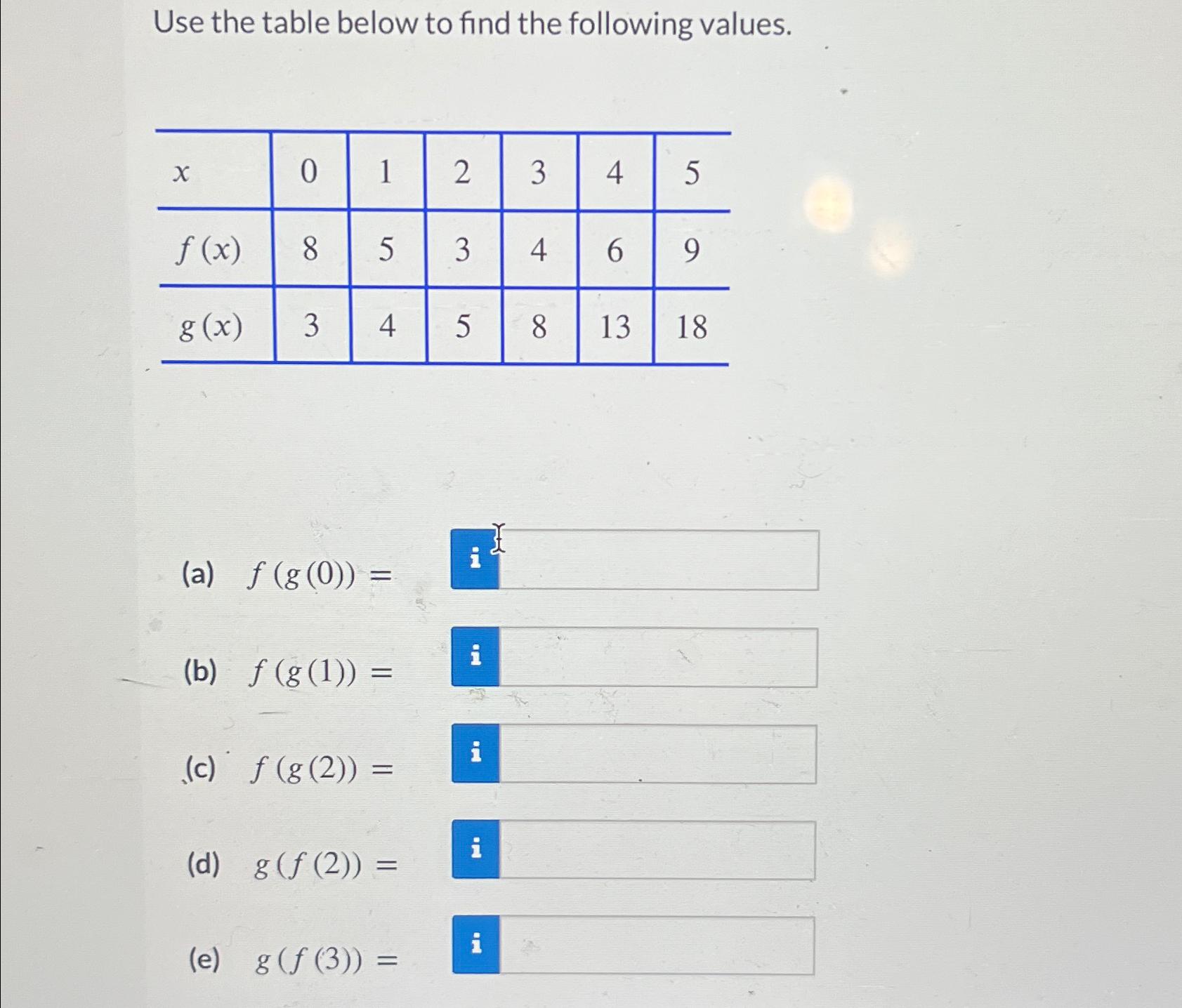  Use the table below to find the following values.\ \\\\table[[ x,0,1,2,3,4,5],[