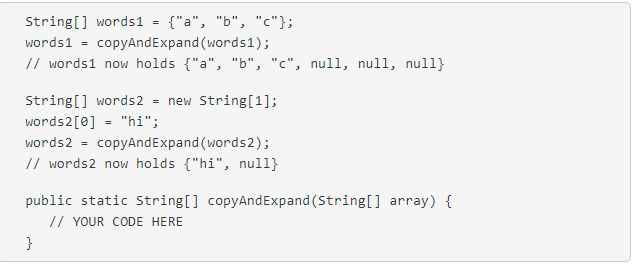 Complete the method below. The method should create and return an array
