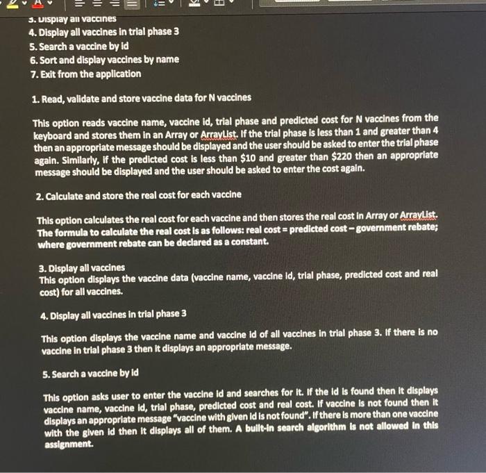In Java, please do using ArrayLists all questions 3. Display an vaccines