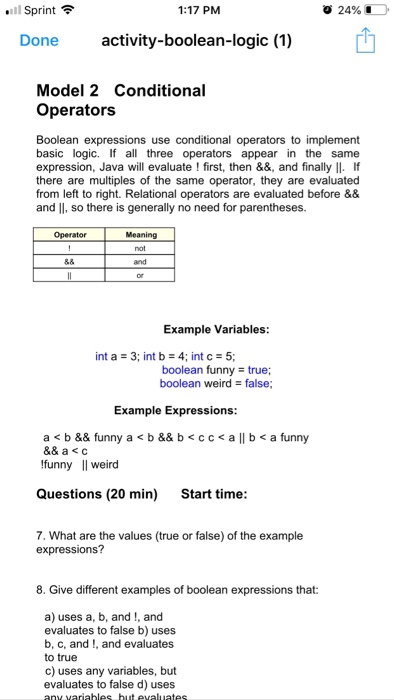  .11 Sprint 1:17 PM 24%10. Done activity-boolean-logic (1) Model 2 Conditional