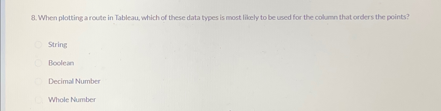 When plotting a route in Tableau, which of these data types