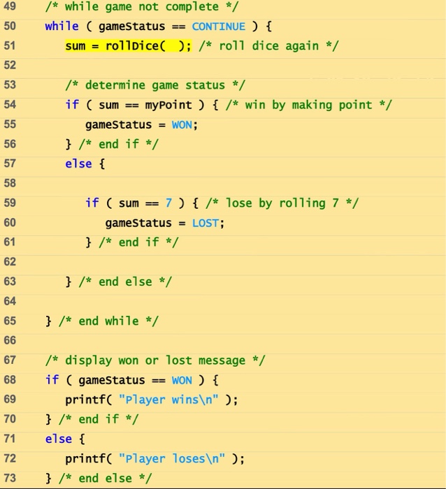 the C codes for the "Craps" game in example 5.11 within the