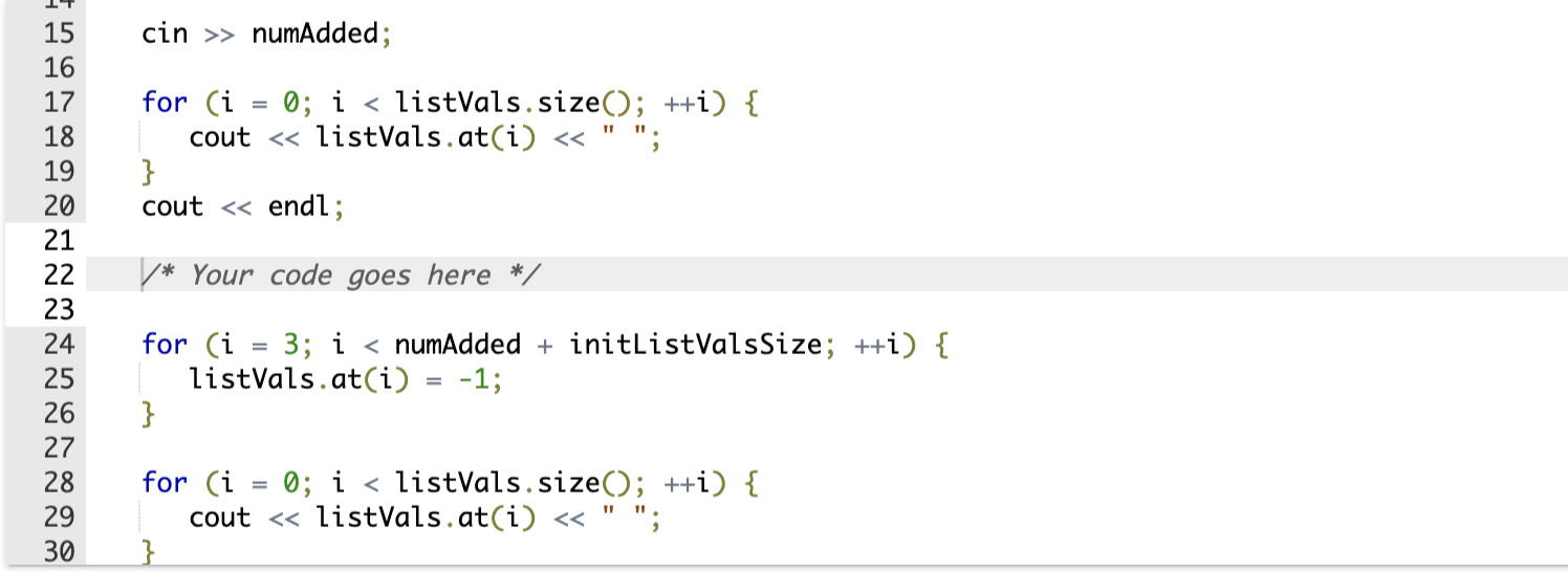 integer numAdded, resize listVals to add numAdded elements to the vector. After